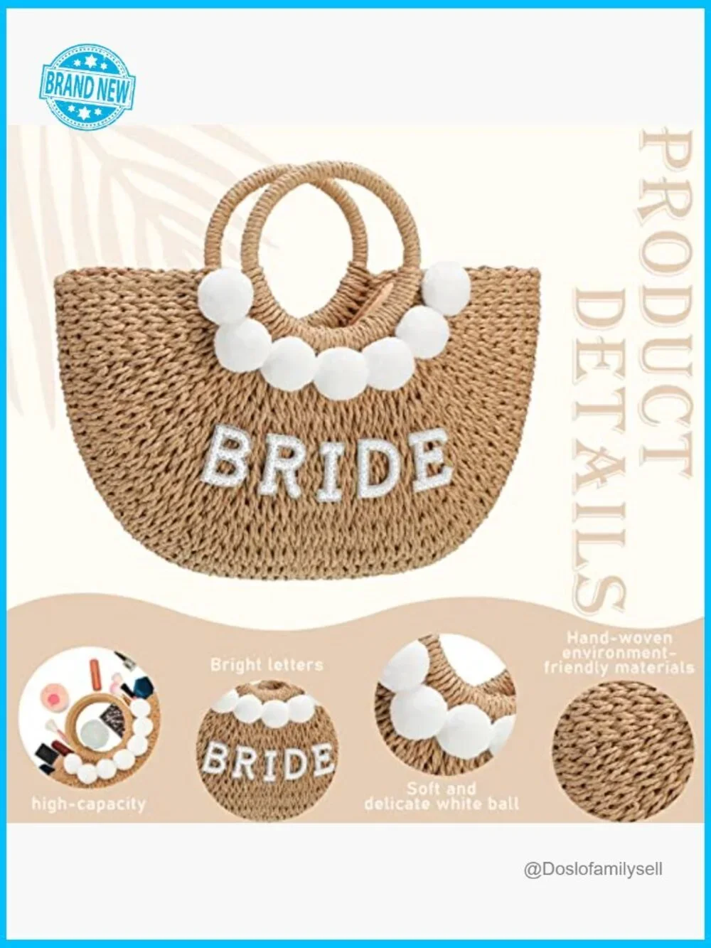 Straw Woven Tote Bag Pearl Letters Rhinestone Details Hobo Purse Beach Bridal